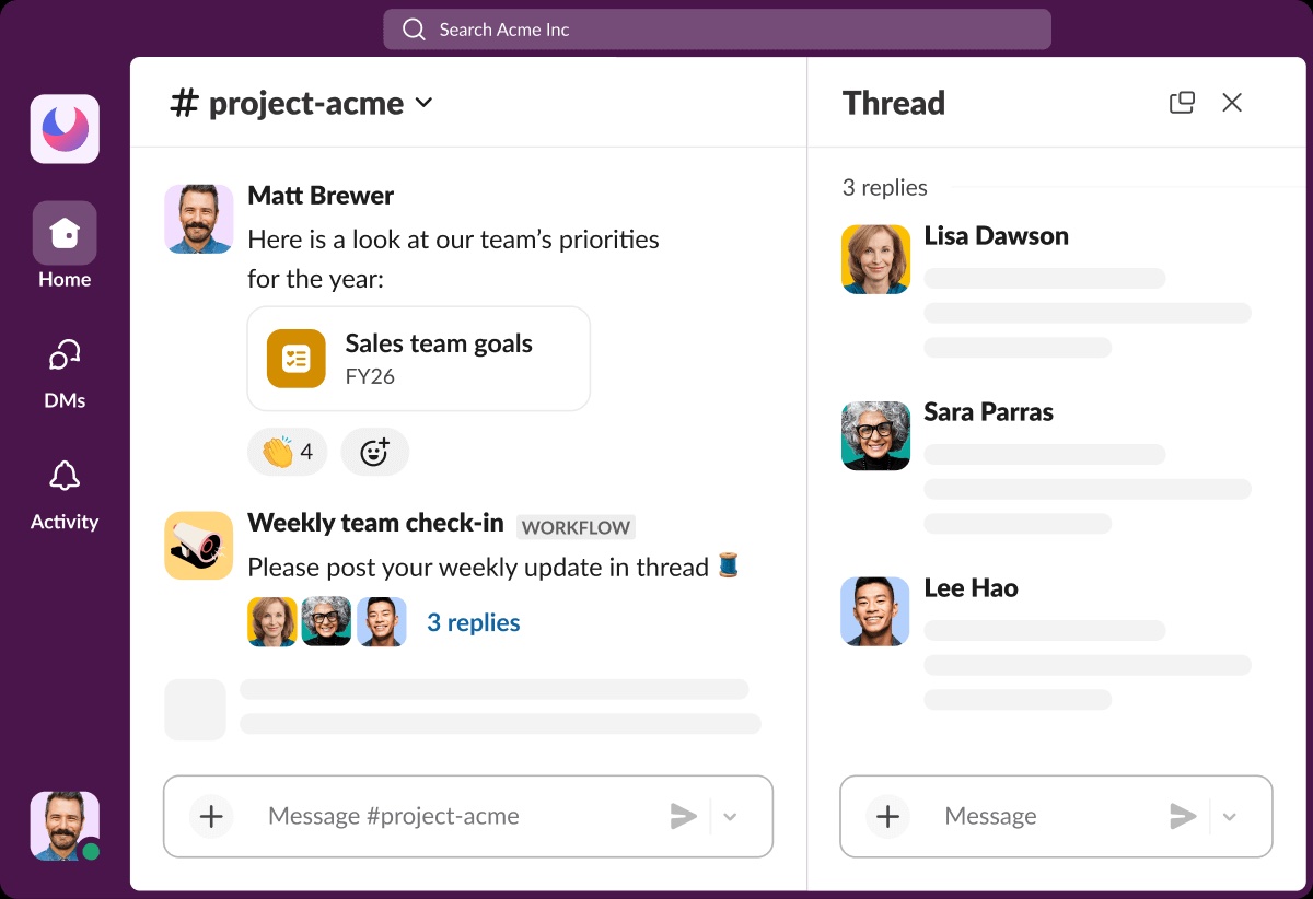 Slack channels interface with organized team conversations and threads