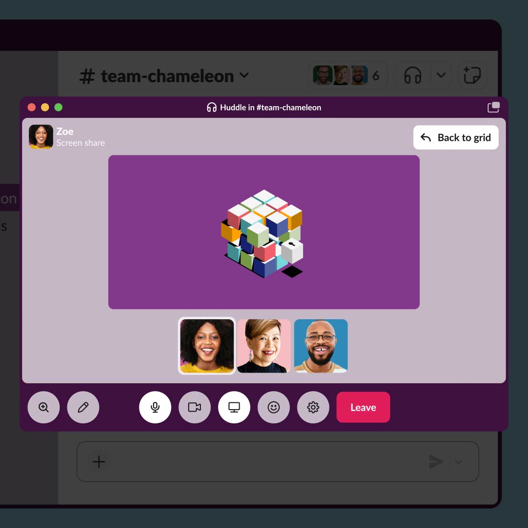 Slack huddle interface for team audio and video collaboration