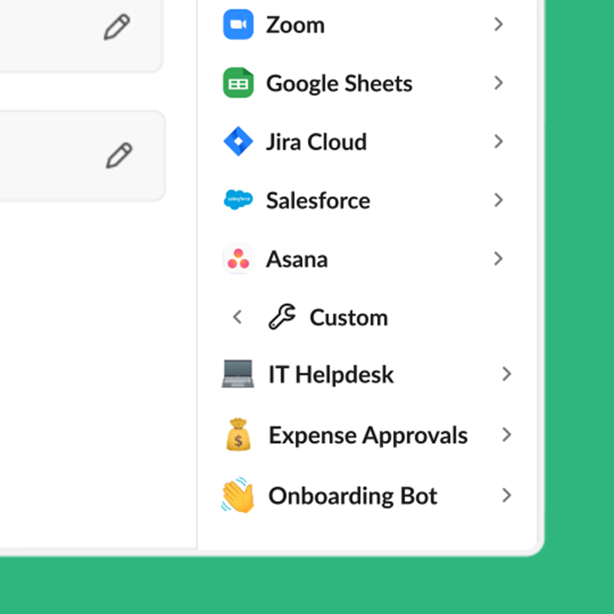 Slack Workflow Builder interface with connected business applications