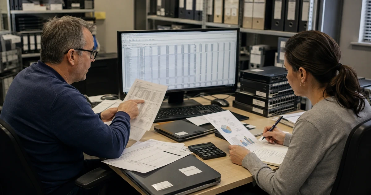 Finance and IT staff reconciling invoices licenses assets and lifecycle costs into an improvement plan