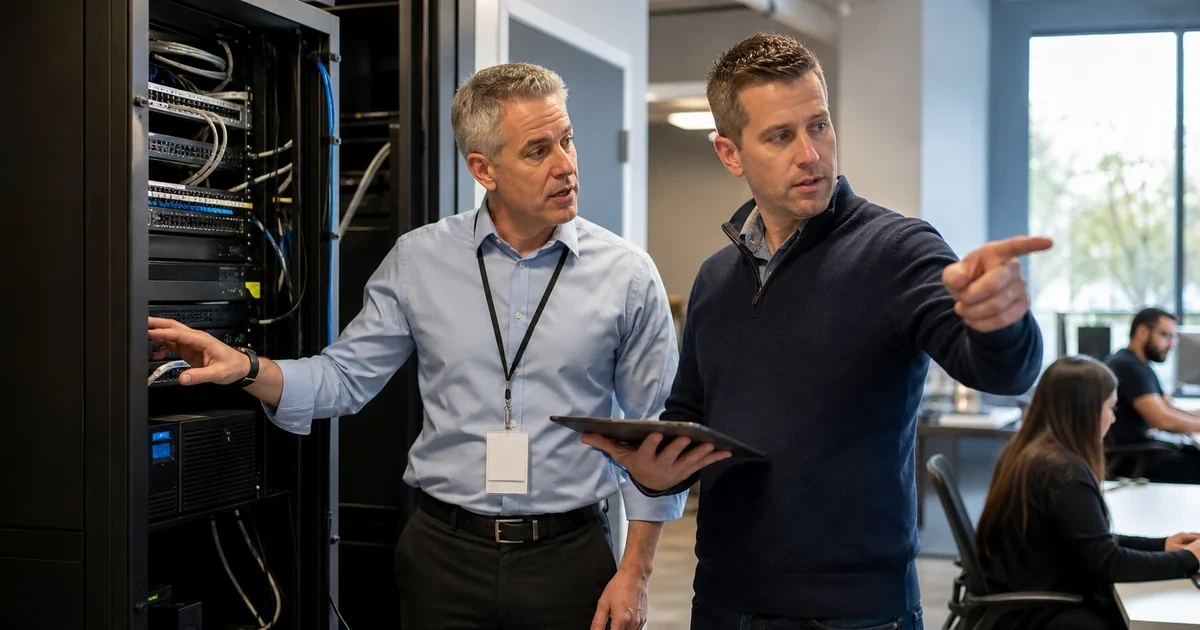 Business owner and senior IT consultant inspecting network systems identity endpoints cloud and backup dependencies