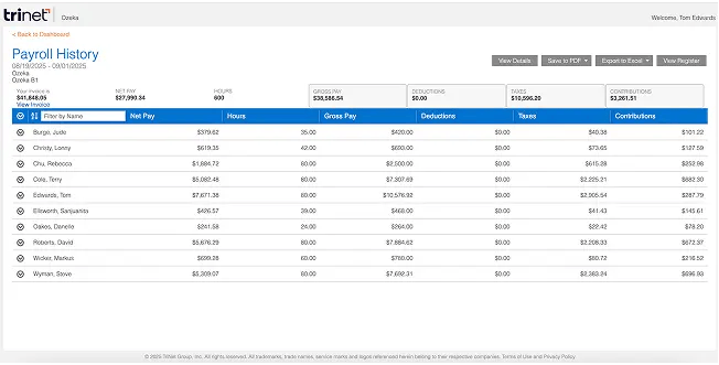 TriNet payroll history interface with payroll dates and employee records