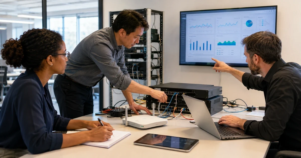 Technical team testing proposed business hardware and software while recording performance and support findings