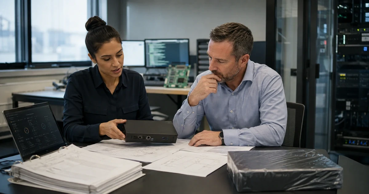 Security specialist and procurement manager examining vendor access controls architecture and contract evidence