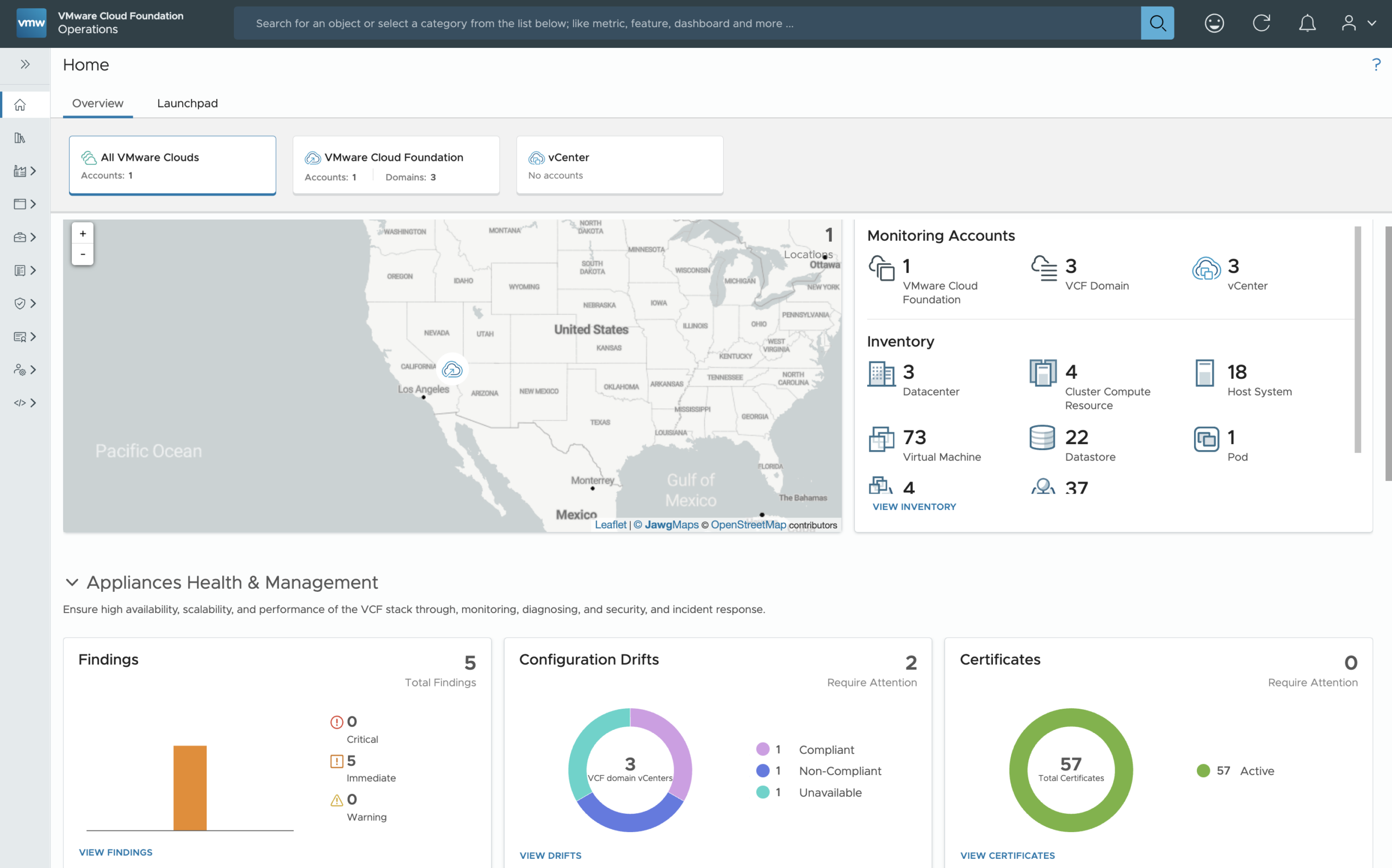 VMware Cloud Foundation operations dashboard with infrastructure health and capacity
