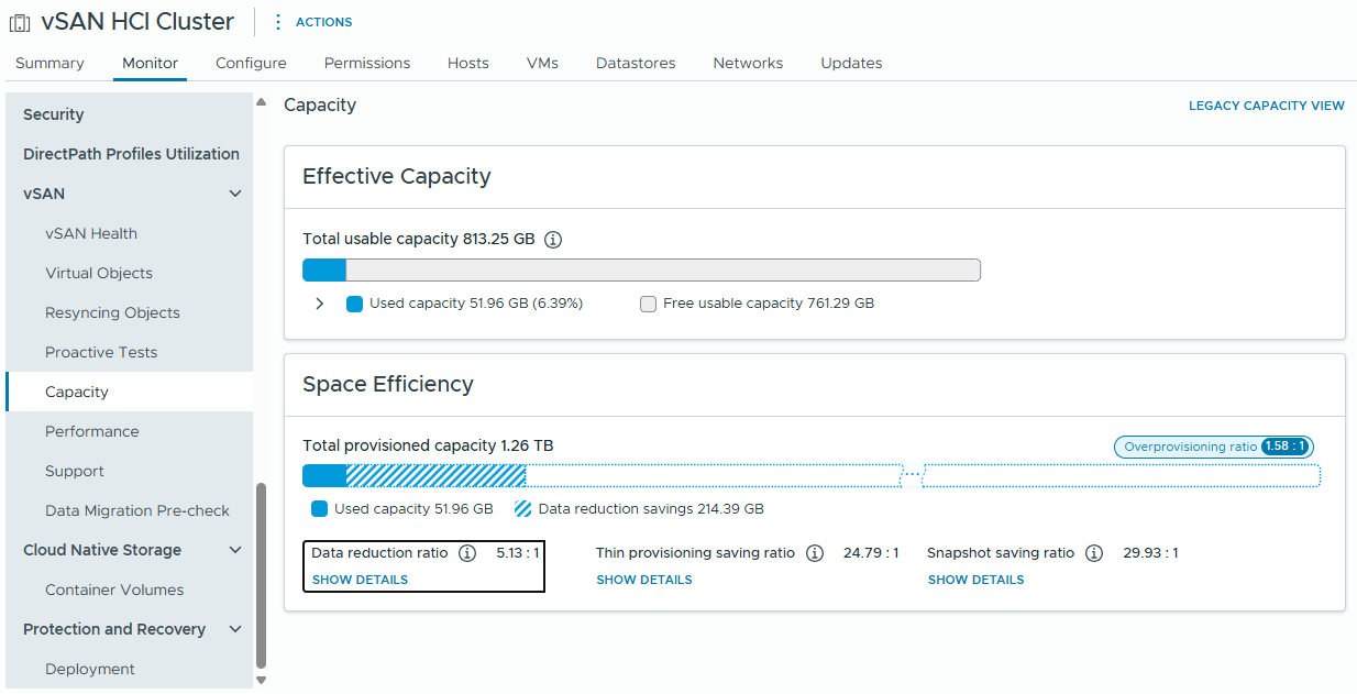 VMware vSAN effective capacity management interface