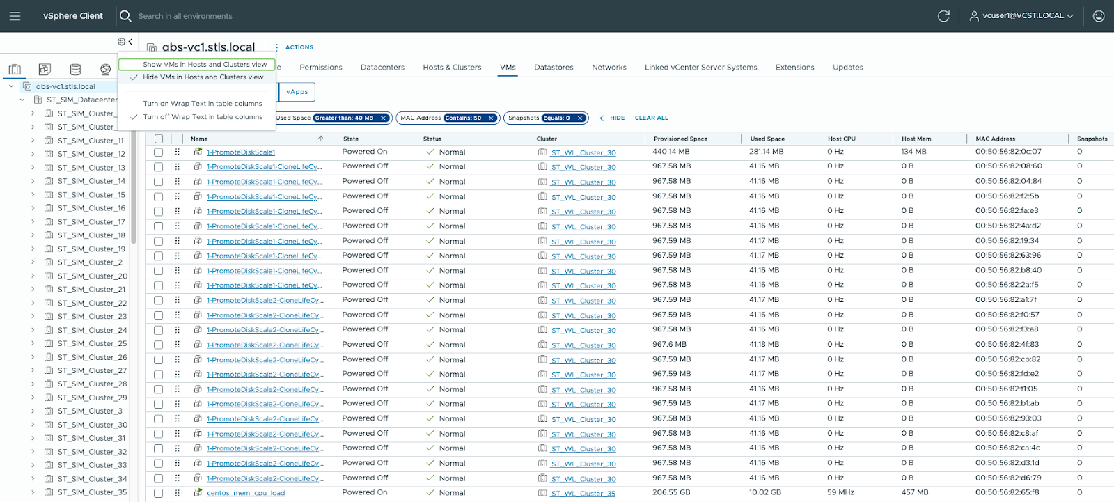 VMware vSphere client interface with virtual infrastructure inventory