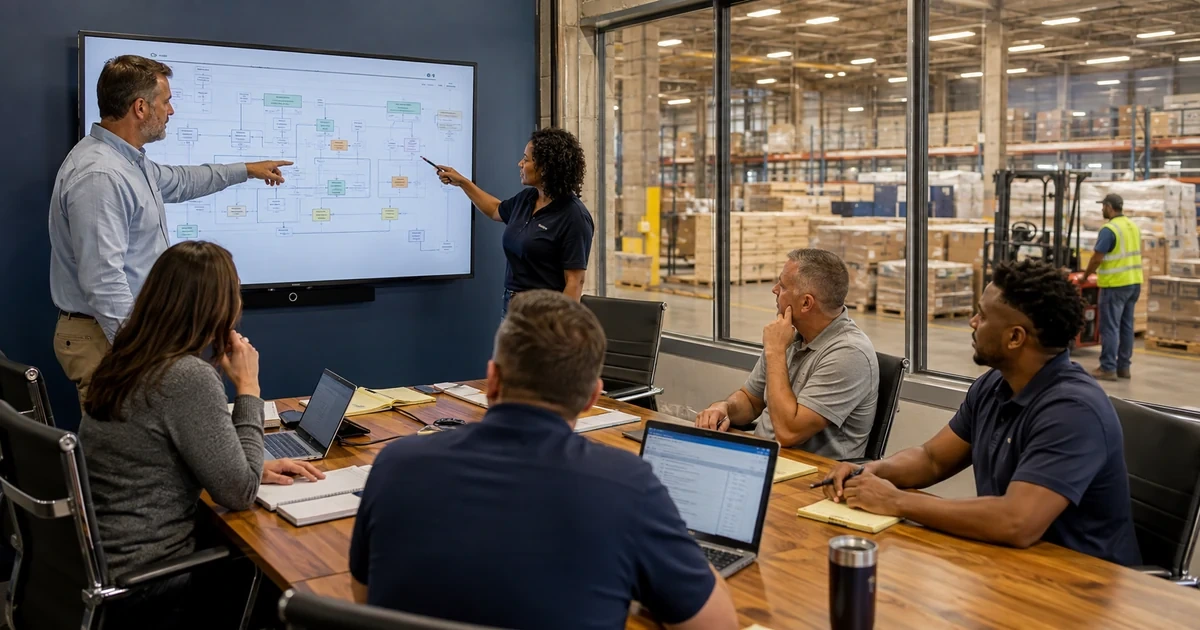 Operations and IT team mapping workflow inputs, owners, exceptions, and risks in a distribution business
