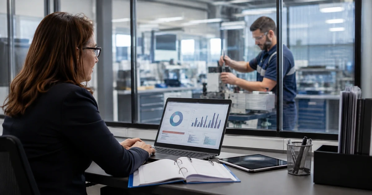 Training manager auditing completion records while observing an employee demonstrate a procedure