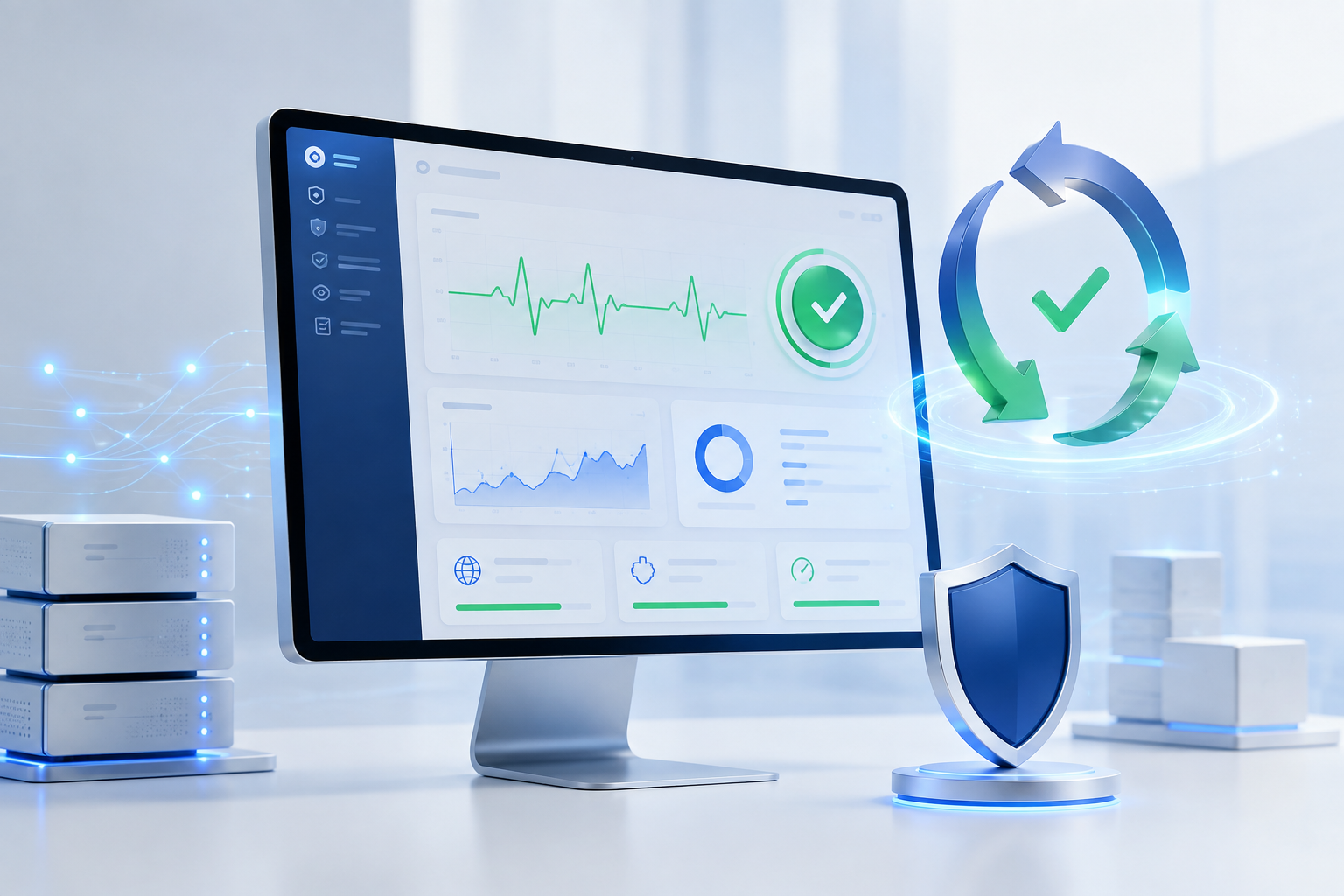 Website monitoring dashboard showing active recovery and healthy server status