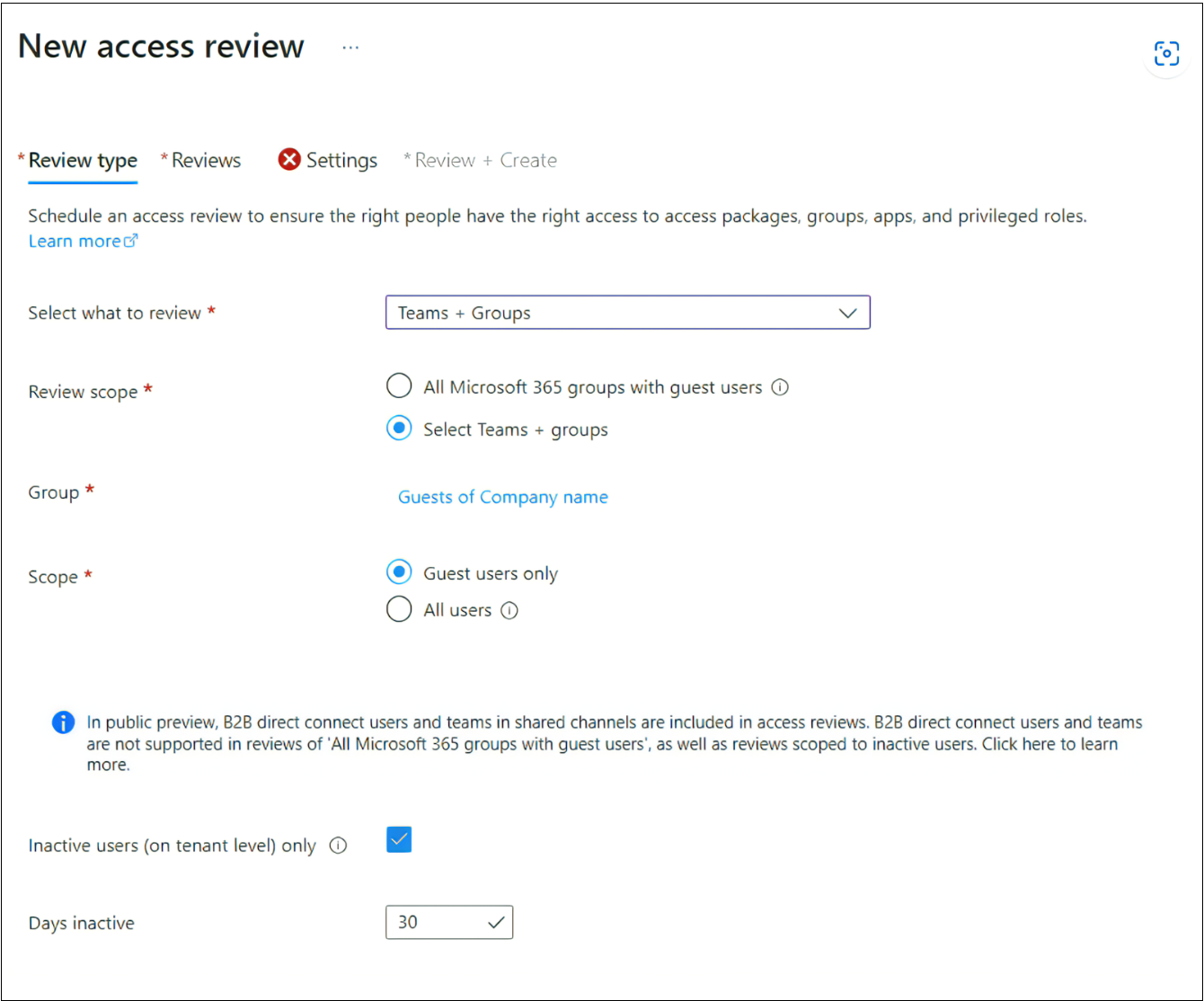 Unfinished Microsoft Entra new access-review wizard with guest users, a selected 30-day inactivity filter and a red Settings validation mark.