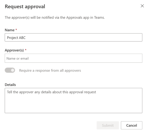 Unsubmitted Microsoft Lists Request approval dialog for sample Project ABC, blank approvers and disabled Submit.