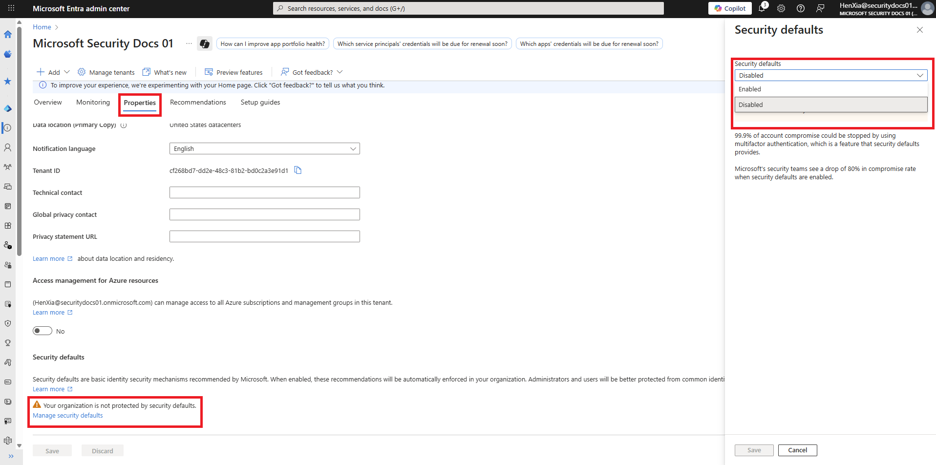 Microsoft Entra admin center Properties and Security defaults pane with Disabled selected.