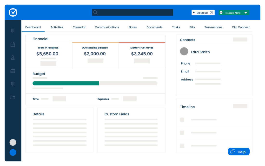 Clio simplified matters dashboard with contacts, financial summaries, details and custom fields.