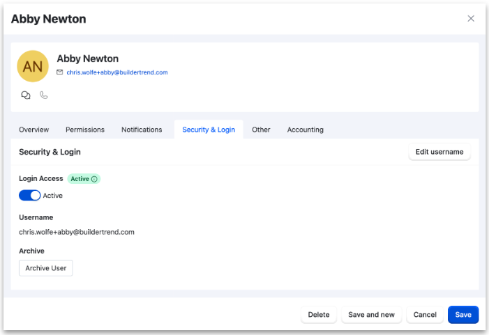 Buildertrend Security & Login example with Login Access Active and separate Archive User control.
