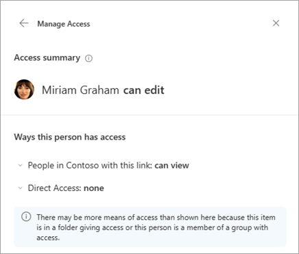 Microsoft SharePoint Access summary for sample user Miriam Graham, showing a Contoso link and a warning about other access paths.
