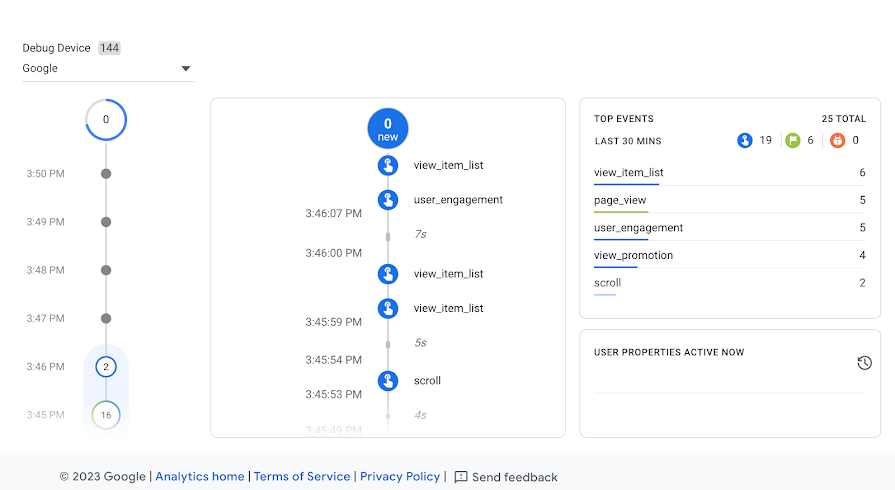 Google Analytics Help screenshot showing a Debug Device selector, event timeline and Top Events panel in DebugView.