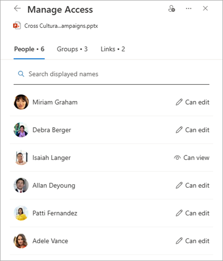 Microsoft SharePoint Manage Access example with People, Groups and Links tabs and sample view and edit permissions