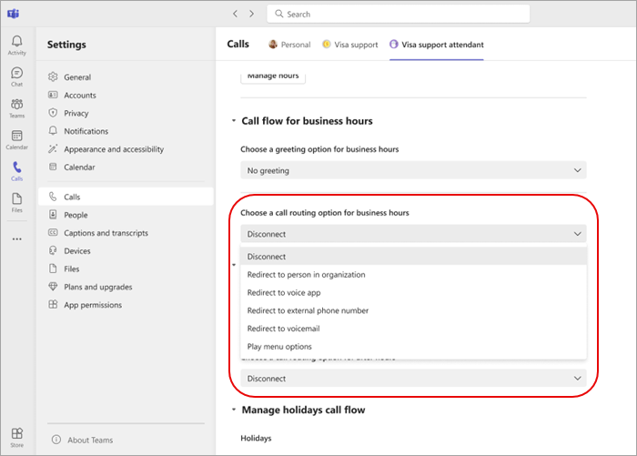 Microsoft Teams Help screenshot showing the business-hours call-routing menu with person, voice app, external number, voicemail and menu choices.