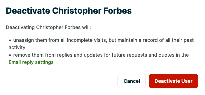 Jobber deactivation confirmation listing incomplete visit and future email reply consequences.
