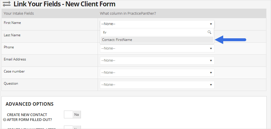 PracticePanther tutorial screenshot mapping an intake form’s First Name field to Contact: FirstName in Link Your Fields.