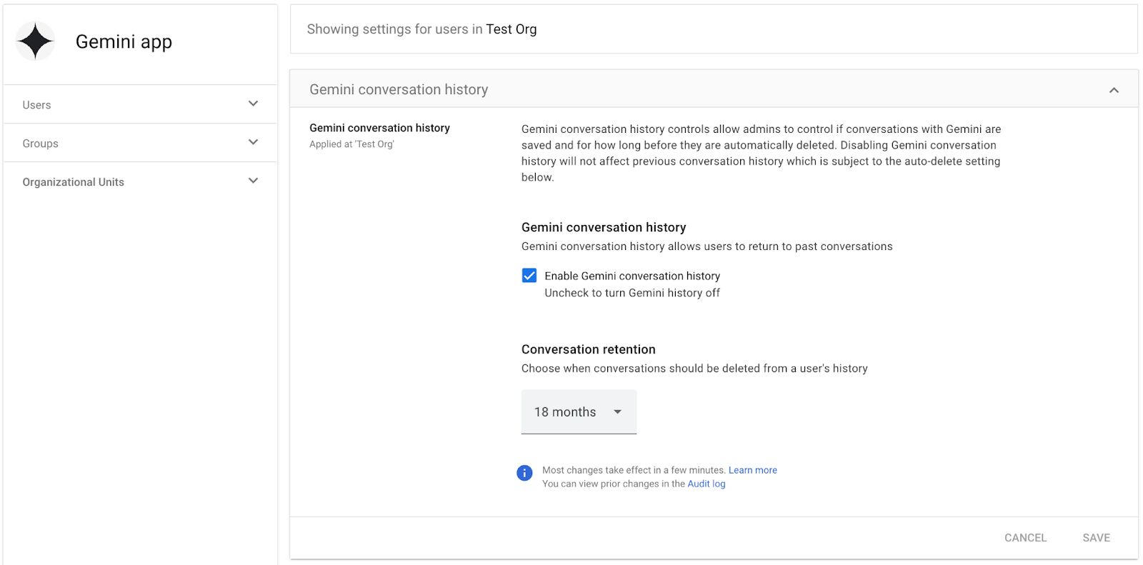 Google education administrator guide example of Gemini conversation history for Test Org, with history enabled and 18 months displayed.