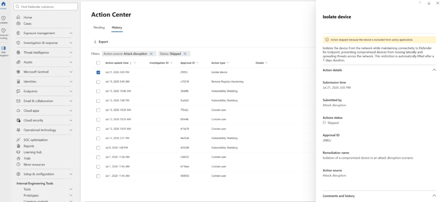 Microsoft Defender Action Center showing an Isolate device action with status Skipped and a policy-exclusion notice.