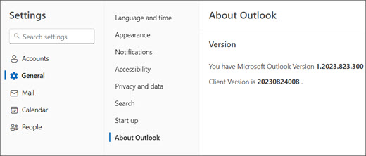 New Outlook Settings, General, About Outlook example displaying the application and client versions.