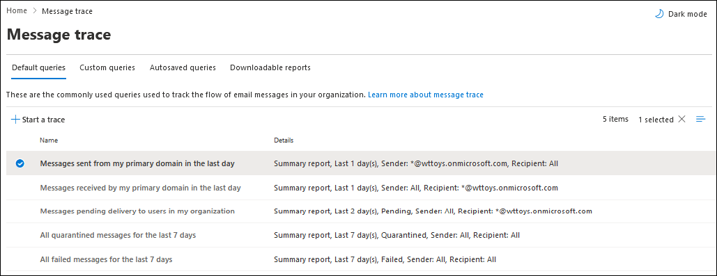 Exchange Message trace page showing default queries and the Start a trace command.