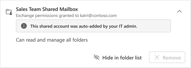 New Outlook shared-mailbox card identifying an automatically added mailbox with read-and-manage access.