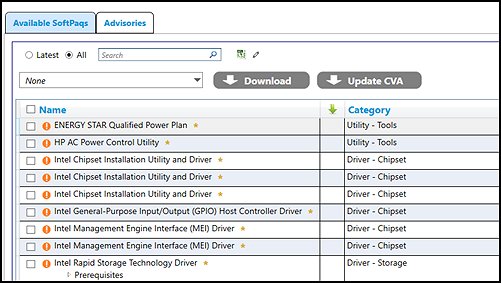 HP Image Assistant vendor example lists Available SoftPaqs and driver categories before any package is selected.