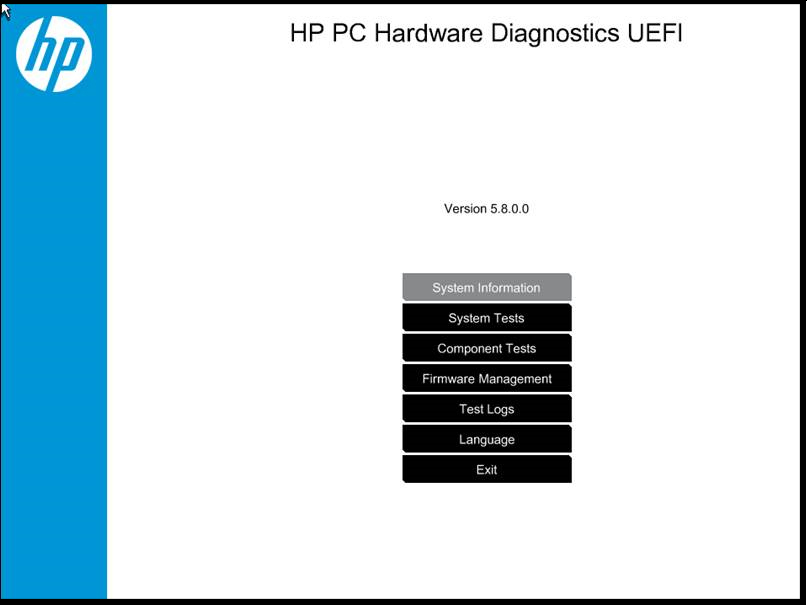 HP PC Hardware Diagnostics UEFI Version 5.8.0.0 menu with System Tests, Component Tests, Firmware Management and Test Logs.