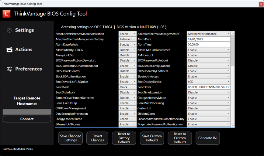 Lenovo BIOS Config Tool GUI v0.9.6 displays current settings and separate save, revert and reset controls.