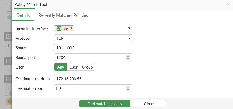 Fortinet Policy Match Tool example has TCP interface, source, destination and service inputs before Find matching policy.