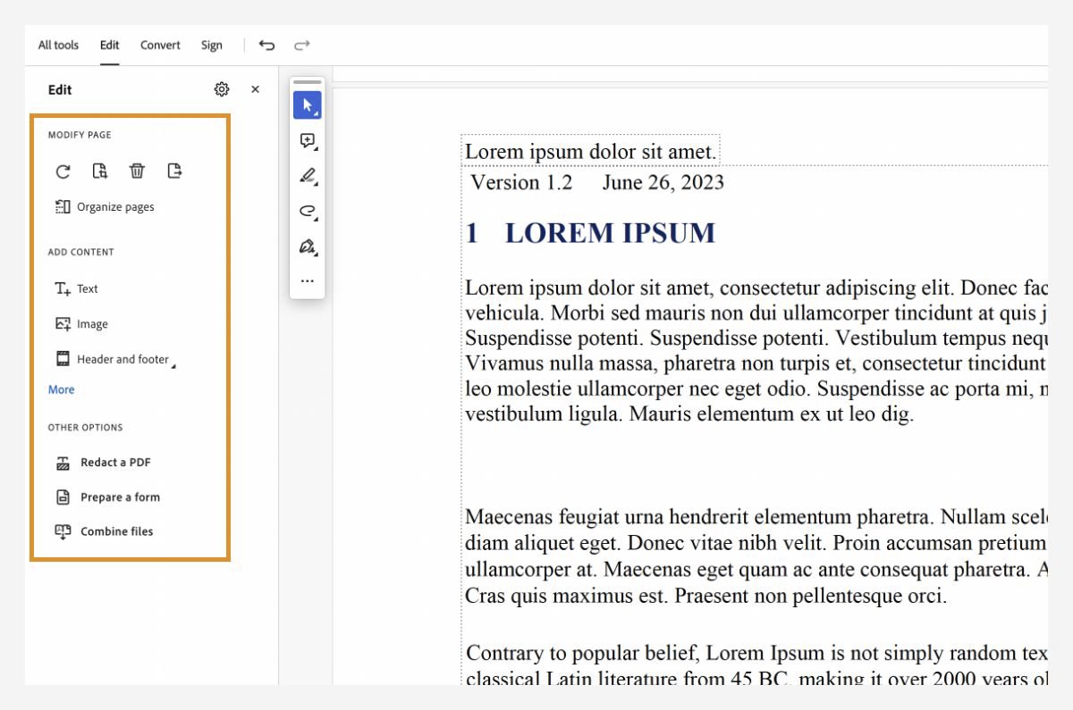 Acrobat Edit panel showing Redact a PDF among available tools.