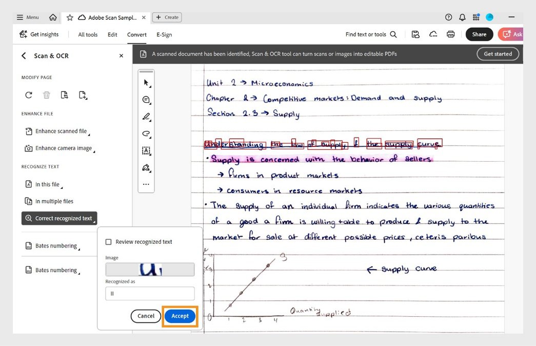 Acrobat Scan & OCR panel with an OCR suspect word and Recognized as correction field.
