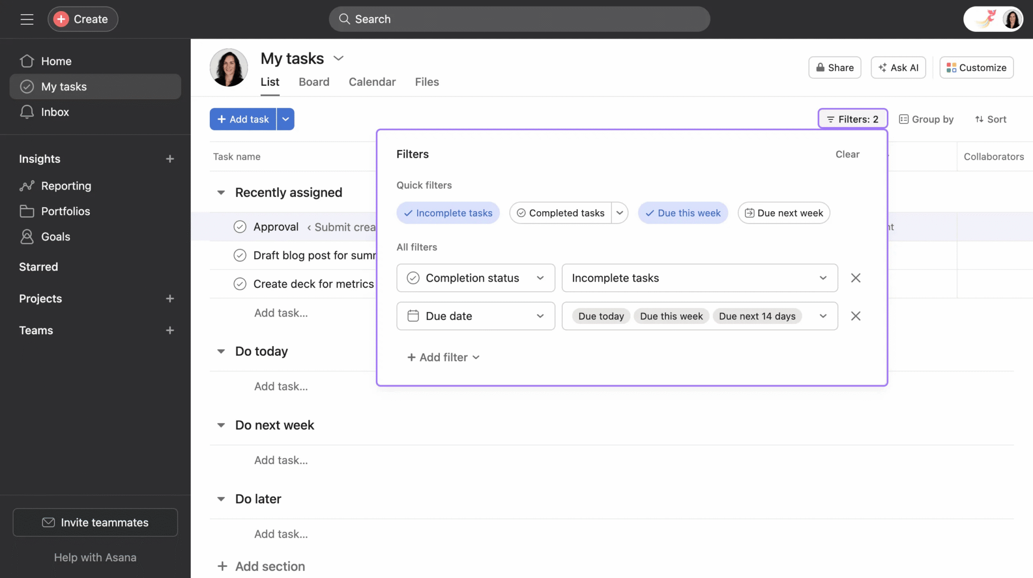 Asana My Tasks example with incomplete-task and due-date filters active