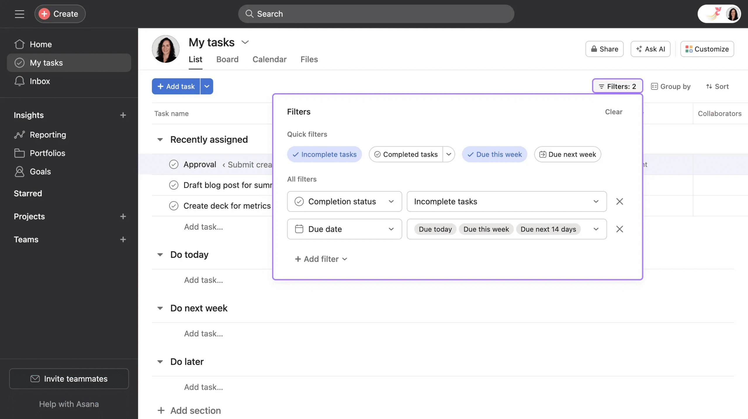 Asana My Tasks example with incomplete-task and due-date filters active