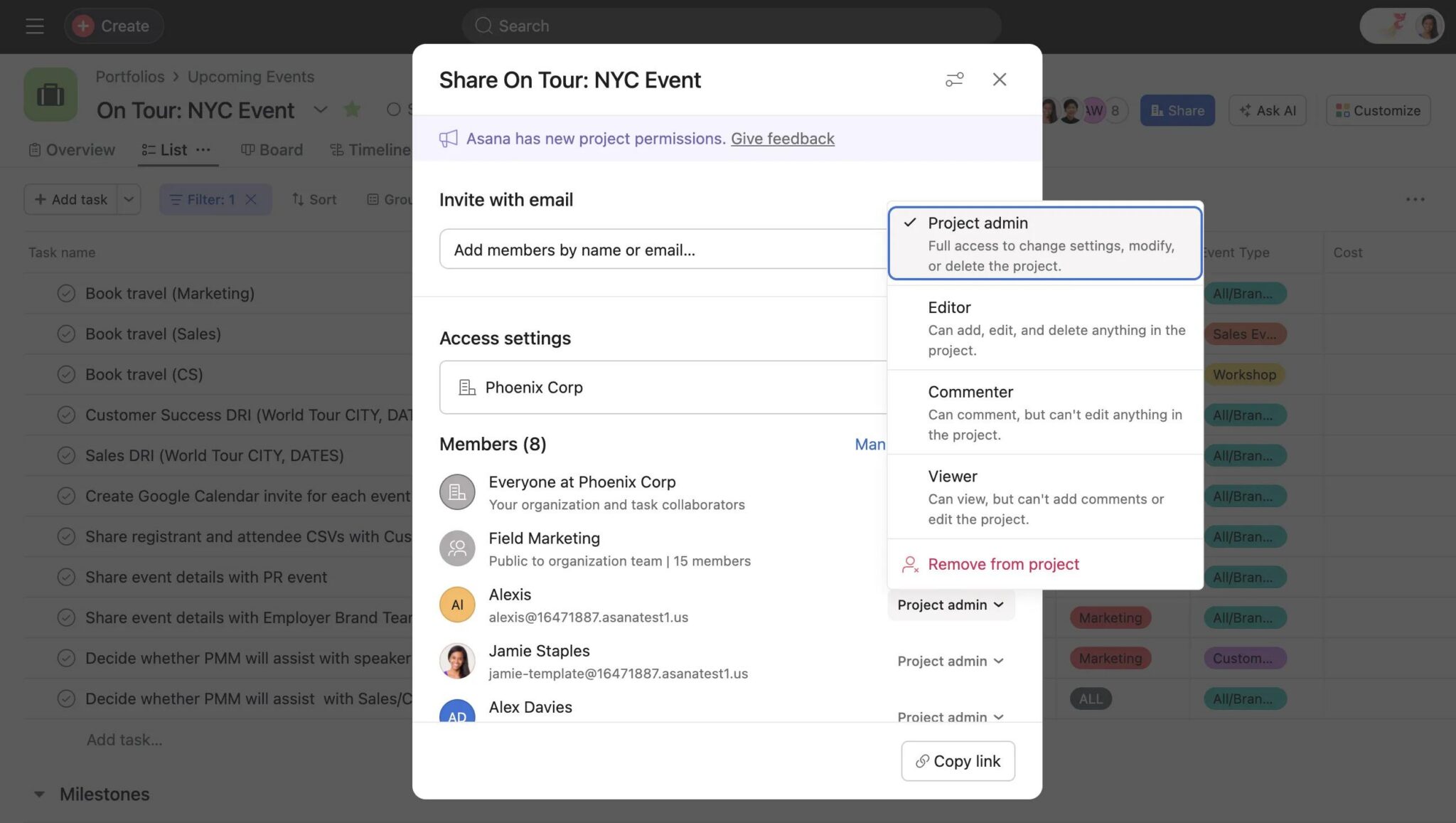 Asana Share dialog for the published On Tour NYC Event example with the Project admin role selected