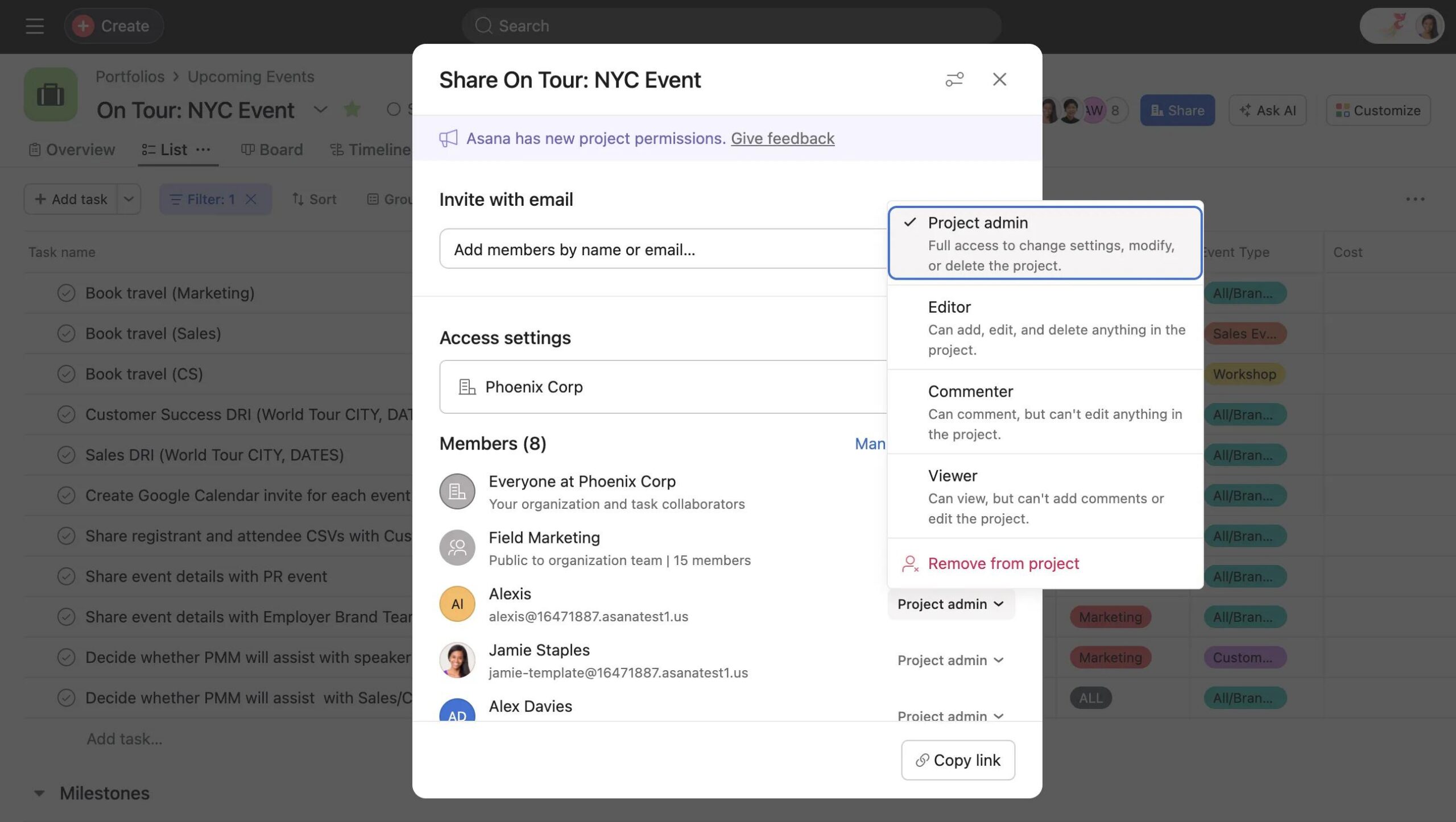 Asana Share dialog for the published On Tour NYC Event example with the Project admin role selected