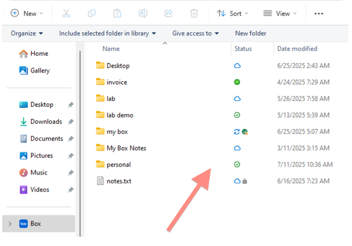 Box Drive Windows Explorer example showing cloud, check and pending status indicators