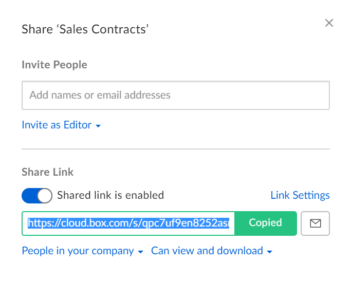 Box Sales Contracts sharing dialog with separate collaborator invitation and company shared-link controls