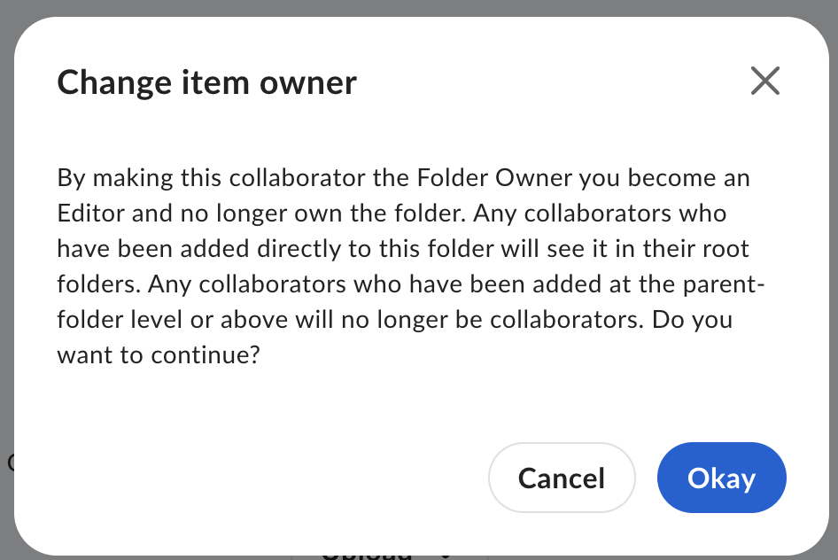 Box Change item owner confirmation warning about inherited collaborators