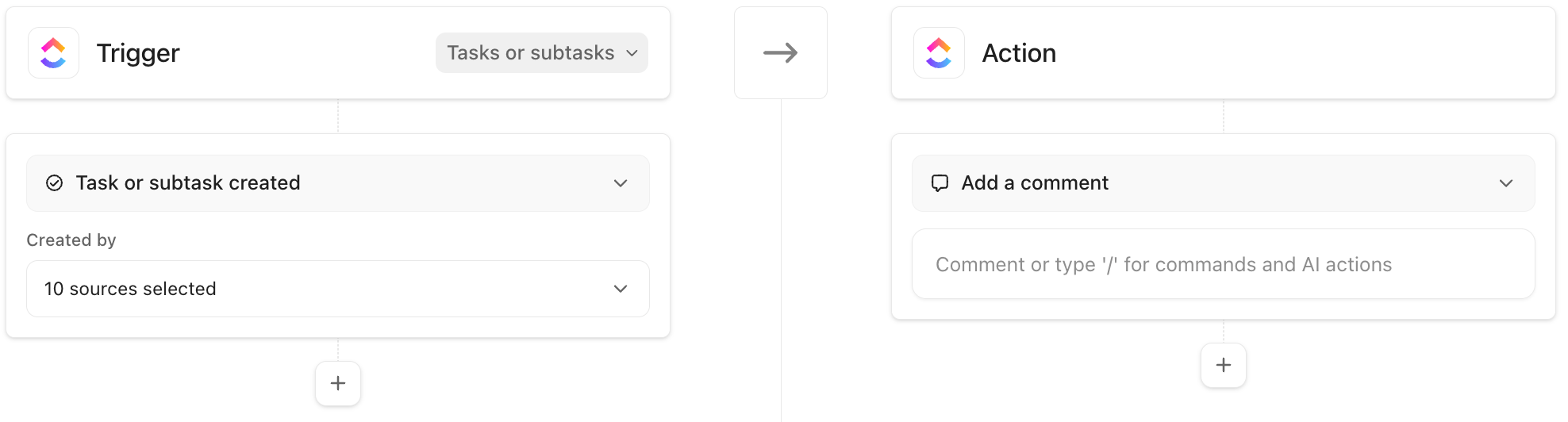ClickUp Automation builder with a task-or-subtask-created trigger, ten selected creation sources and a blank Add a comment action
