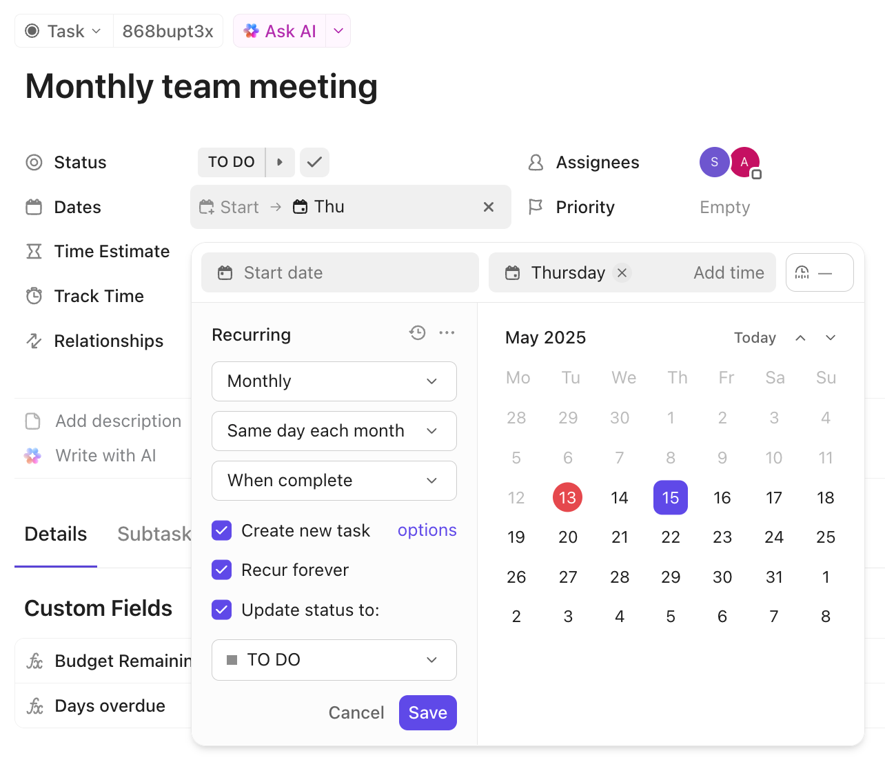 ClickUp May 2025 Monthly team meeting example with recurrence options and an unpressed Save button