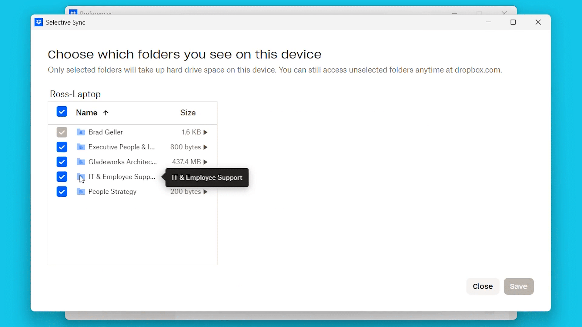 Dropbox official Windows tutorial showing the Selective Sync folder checklist.