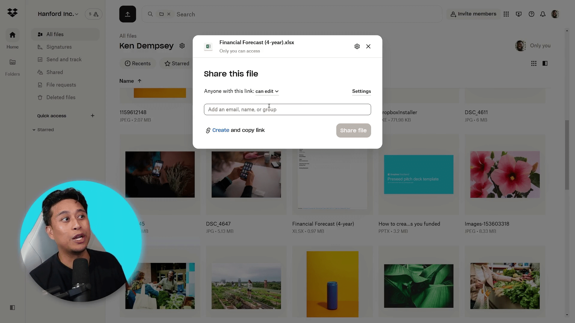 Dropbox vendor tutorial Share dialog with an Anyone with this link can edit setting and presenter inset.