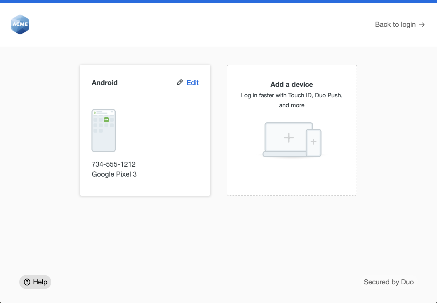 Duo Universal Prompt sample device list with an Edit control for a Pixel 3 and an Add a device tile.