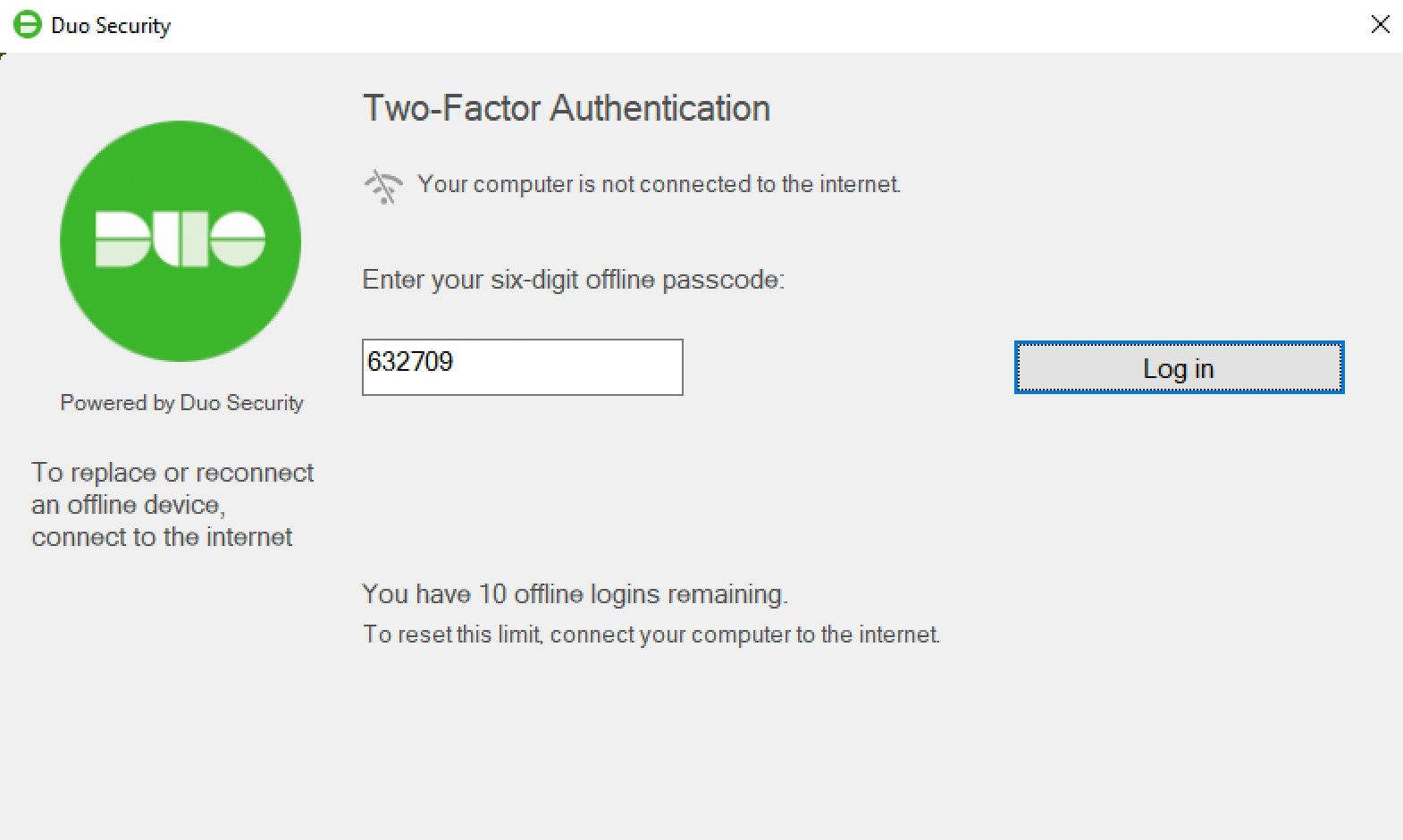 Duo Windows offline authentication sample showing an offline passcode field and ten logins remaining.