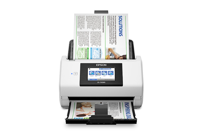 Epson DS-790WN front feed view with document guides, output tray and manufacturer sample sheet